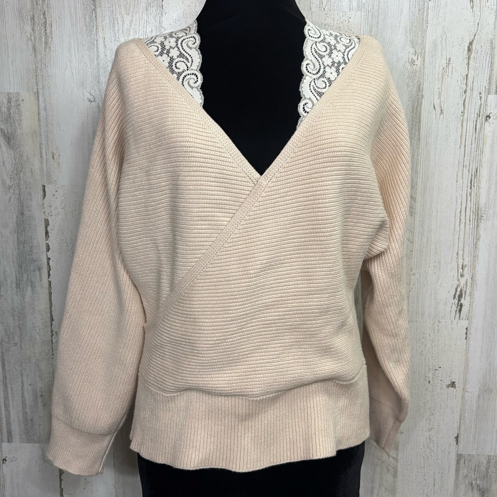 Davi & Dani Blush Pink Lace Strap Batwing Sleeve Wrap Sweater